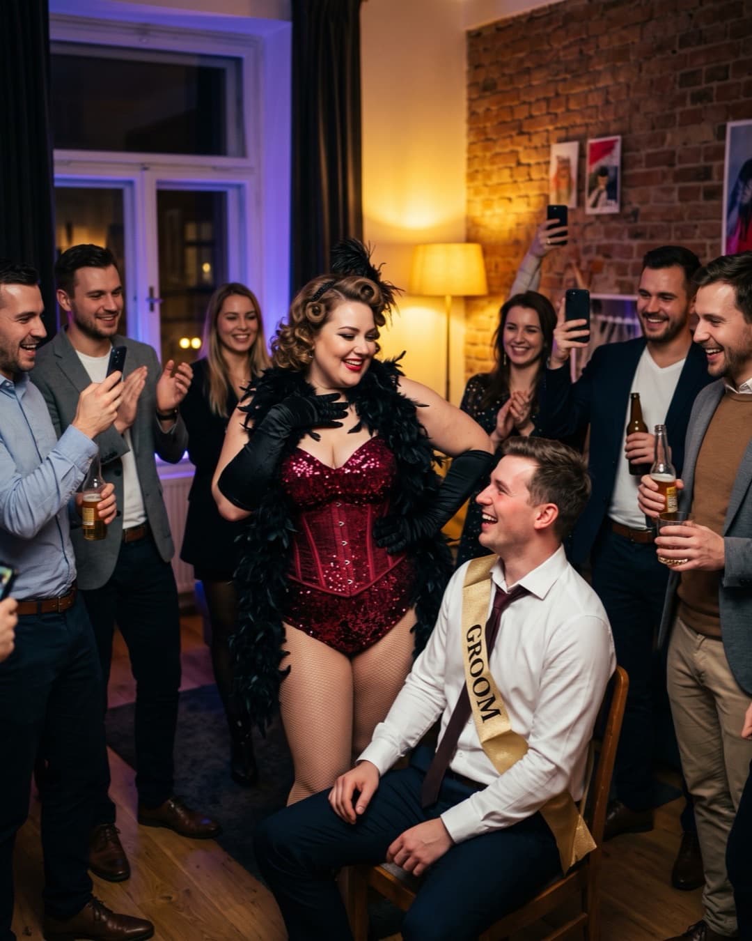 Una performer curvy fa il suo ingresso davanti allo sposo e al suo gruppo